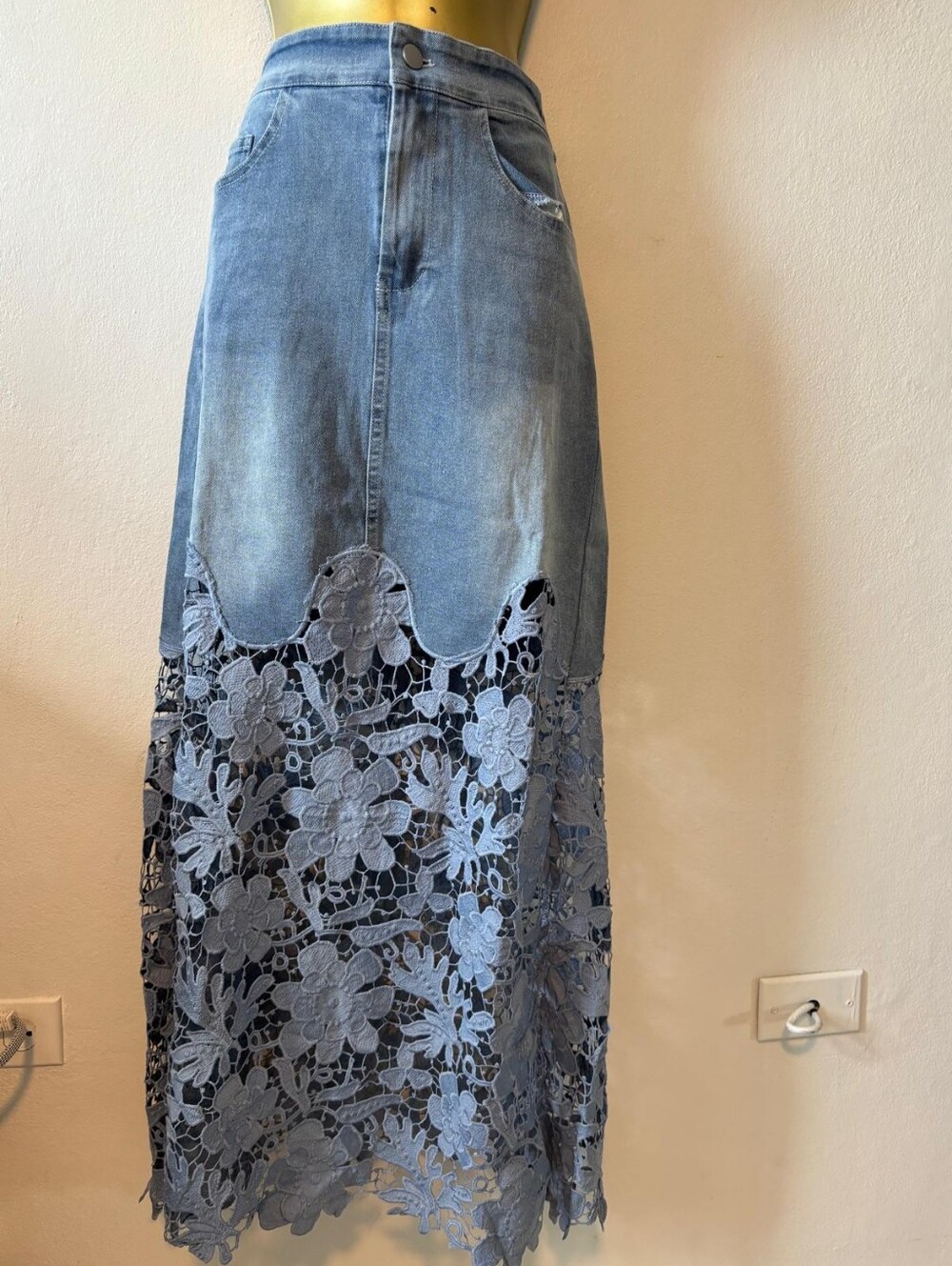 Denim Maxi Skirt with Floral Lace Panel - Blue